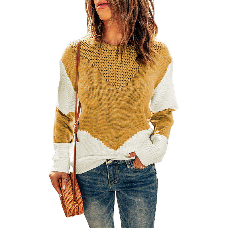 Women Clothing Contrast Color Pullover Autumn Winter Loose round Neck Long Sleeve Top Women