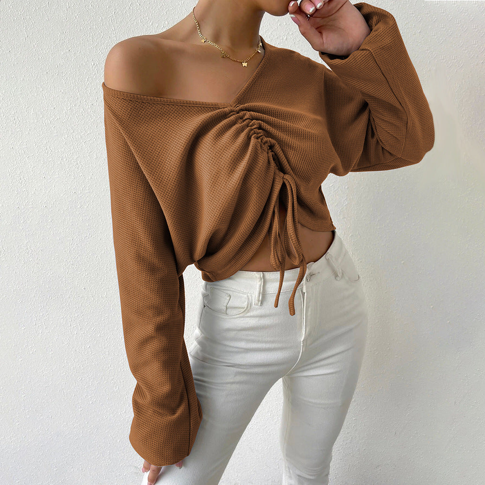 Autumn Winter Women Clothing Loose Casual V-neck Drawstring Waffle Long Sleeve T-shirt cropped All-Matching Top