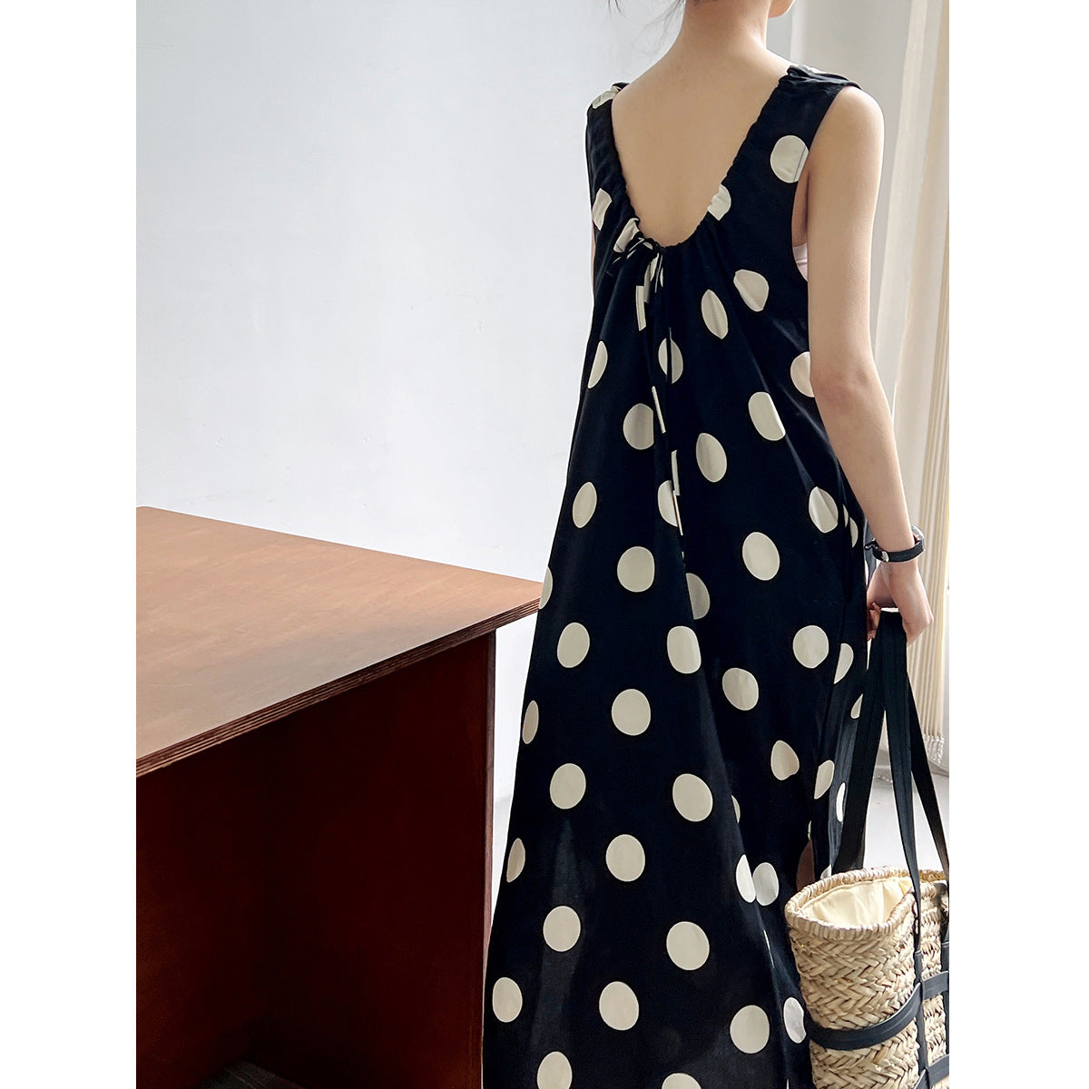 Backless Drawstring Polka Dot Dress Korean Sleeveless Vest Dress