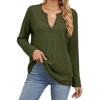 Spring Autumn Loose Fitting V Neck Long Sleeves Solid Color Casual T Shirt Top Women