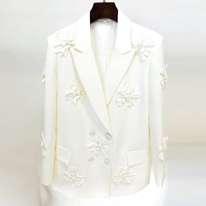 Double Breasted Heavy Industry Three-Dimensional Floral Decorative 3D Rose Blazer
