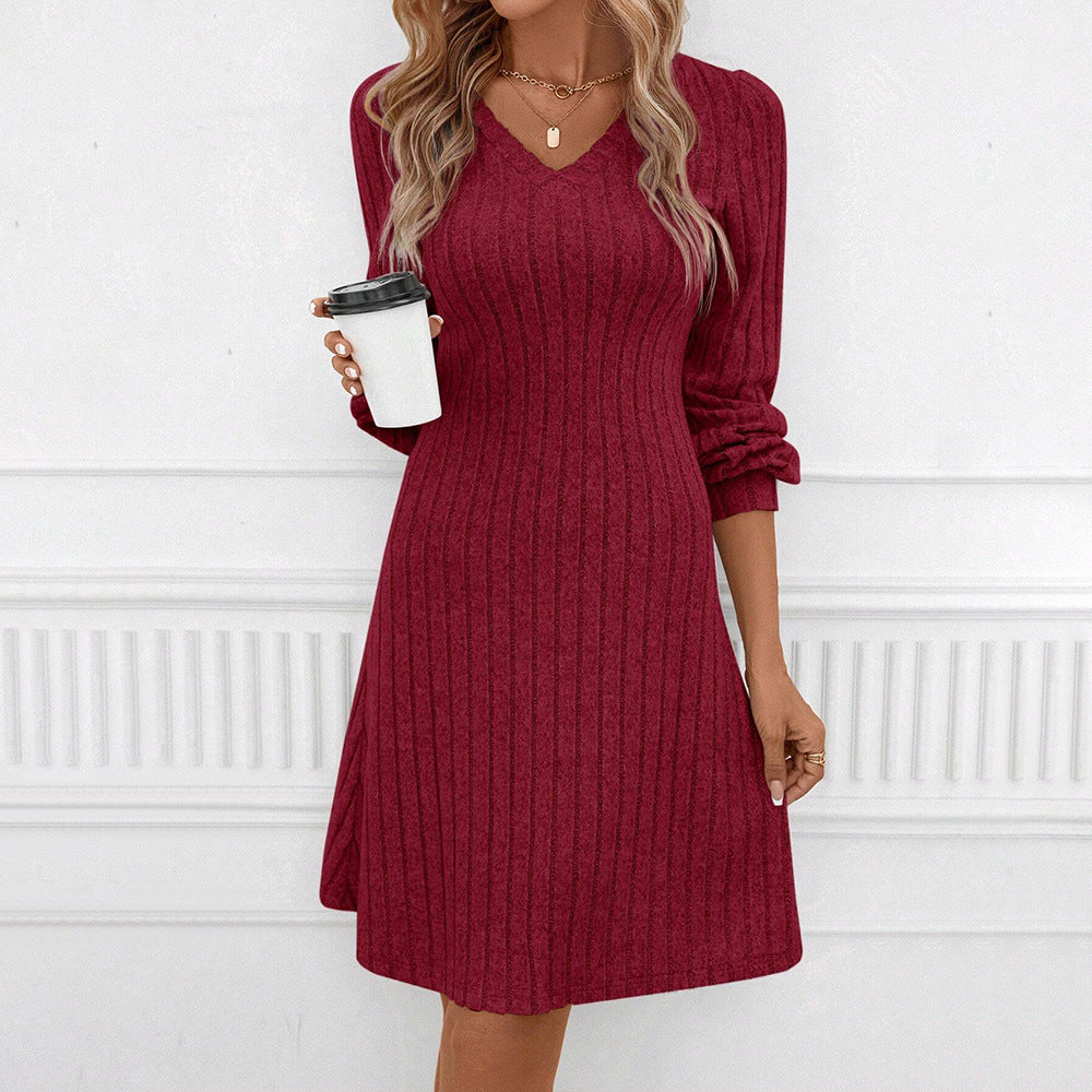 Autumn Winter Wine Red Dress High Waist Slim Midi Dress for Women