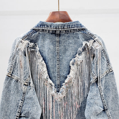 Denim Coat Women Spring Autumn Sequ Tassels Loose Fitting Slimming Short Top