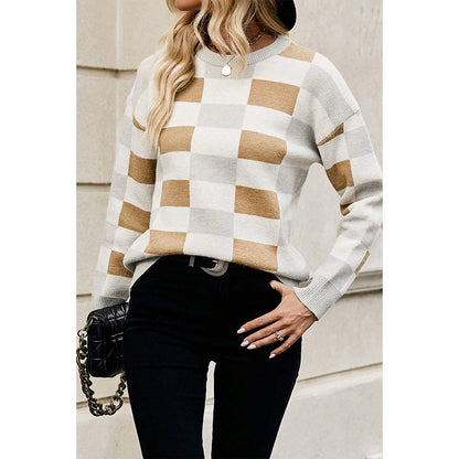 Winter Color Matching Plaid Round Neck Sweater Women Casual All Matching Warm Knitted Long Sleeve Top Women