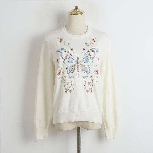 Autumn Winter Heavy Industry Butterfly Floral Crochet Embroidery Knitwear Top Elegance Retro Artistic All Match Sweater Women