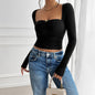 Autumn Winter Elegant Slim Pleated Knitted Long-Sleeved Top T shirt Women Clothing