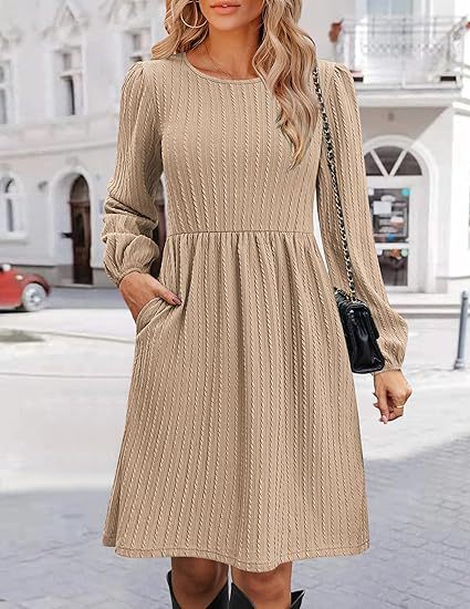 Women Clothing Round Neck Pocket Knitted Sweater Long Sleeve A Line Dress