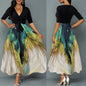 Print Slim Fit Elegant Large Swing Sleeve Belt Dress Sexy V Neck Patchwork Maxi Dress