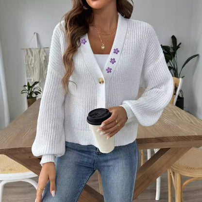 Women Sweater Clothing Autumn Winter Floral Embroidery Stickers Short Button Coat Sweater Cardigan