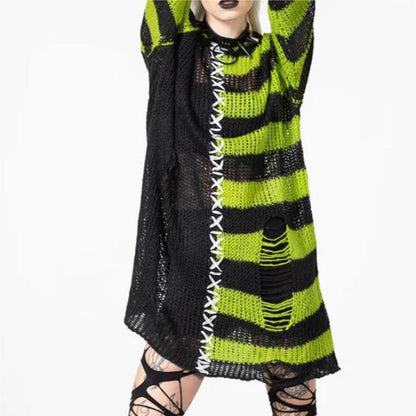 Halloween Punk Ripped Long Sweater Women's Loose Striped Contrast Color Pullover Sweater