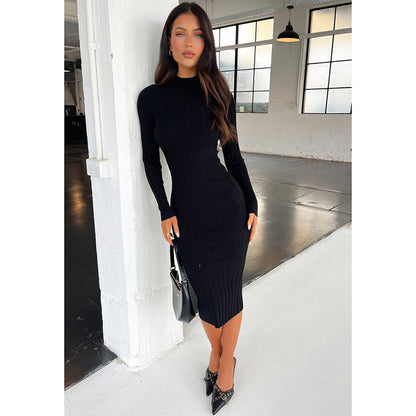 Autumn Casual Slim Fit Turtleneck Wool Women Pit Strip Dress Women