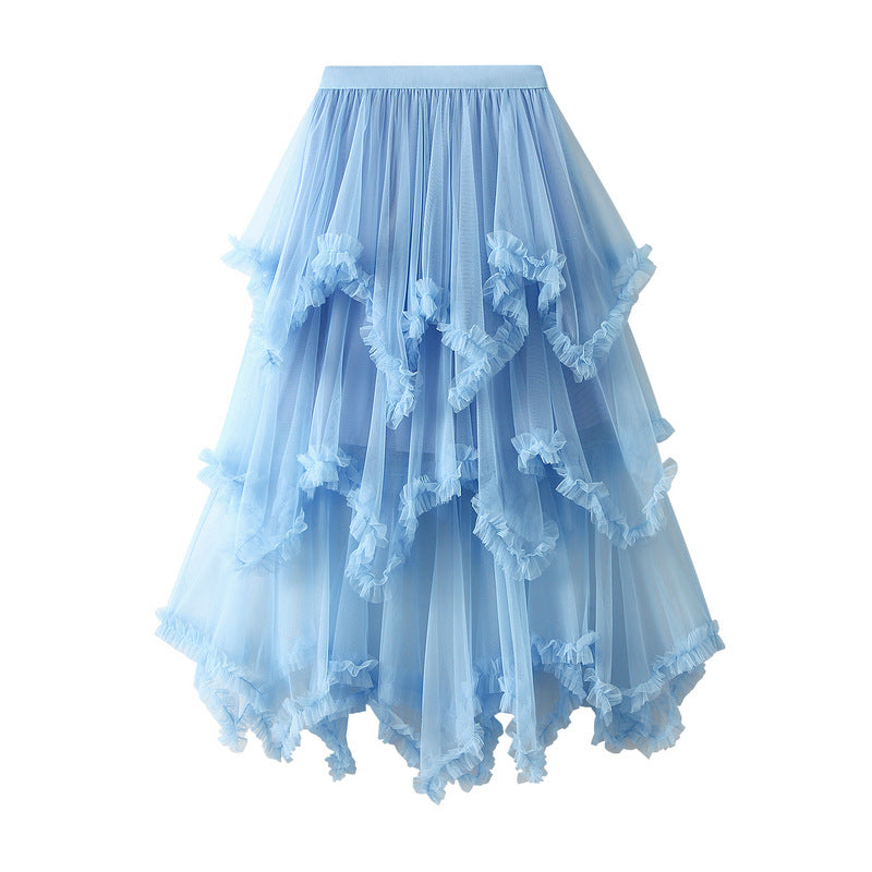 Wooden Ear Irregular Asymmetric Mesh Tiered Skirt Mid Length High Waist Big Swing Puffy Fairy Gauze Dress Long Skirt