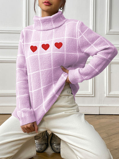 Lady Pullover Tops Women Clothing Woven Shirt Bottoming Shirt Color Contrast Check Love Stickers Turtleneck Sweater