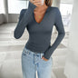 Women Clothing T shirt Spring Summer Casual V neck Slim Fit Long Sleeved Top