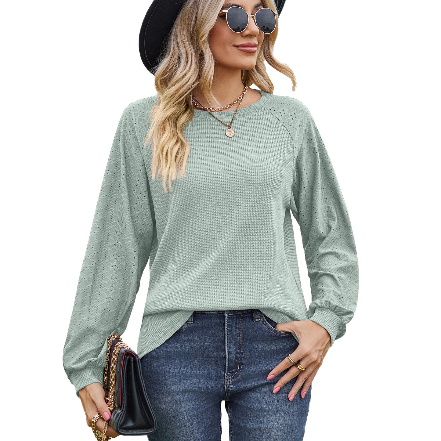 Autumn Winter Solid Color round Neck Stitching Loose Long Sleeve T shirt Top Women