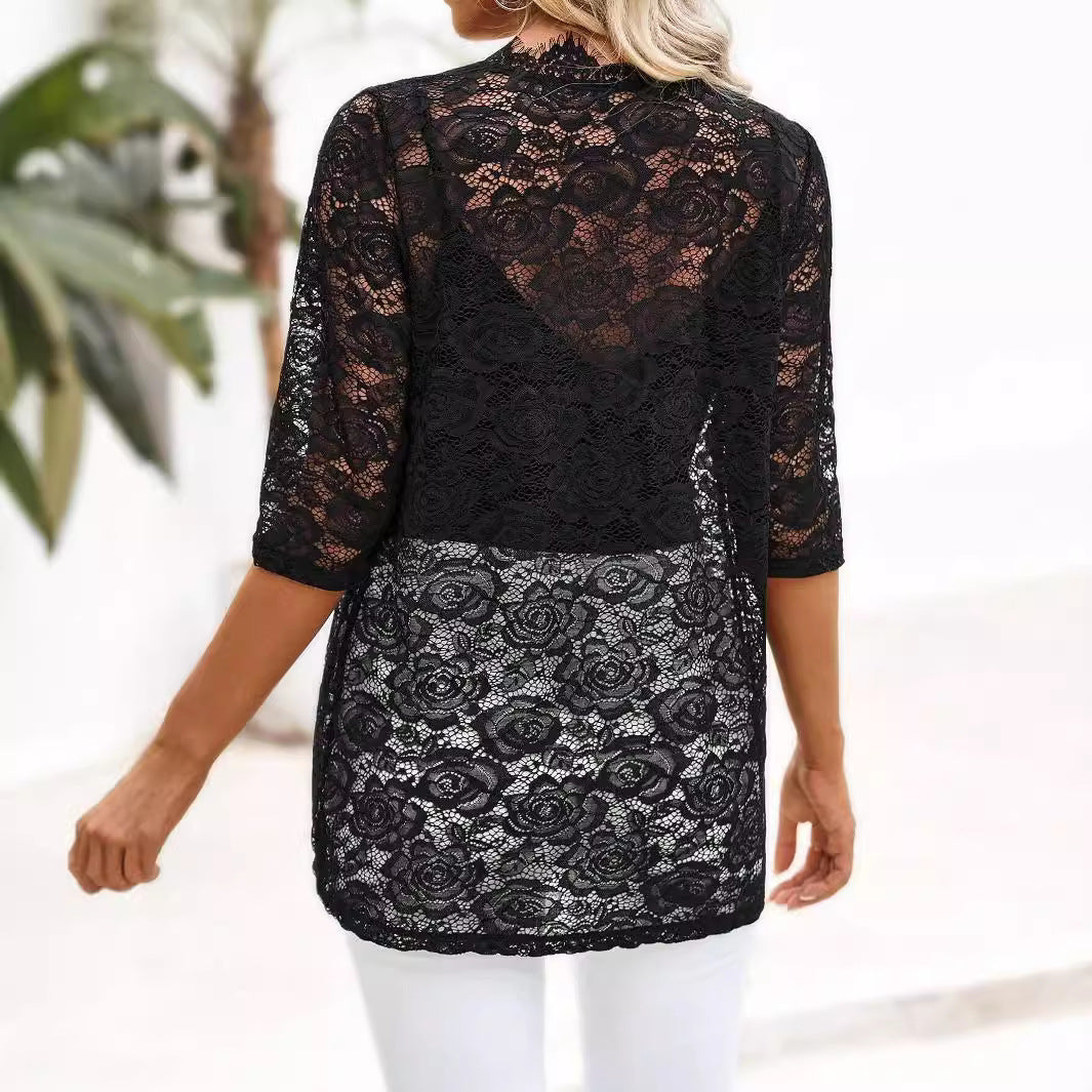 Elegant Women Cardigan Placket Stitching Lace Lace Lace Top