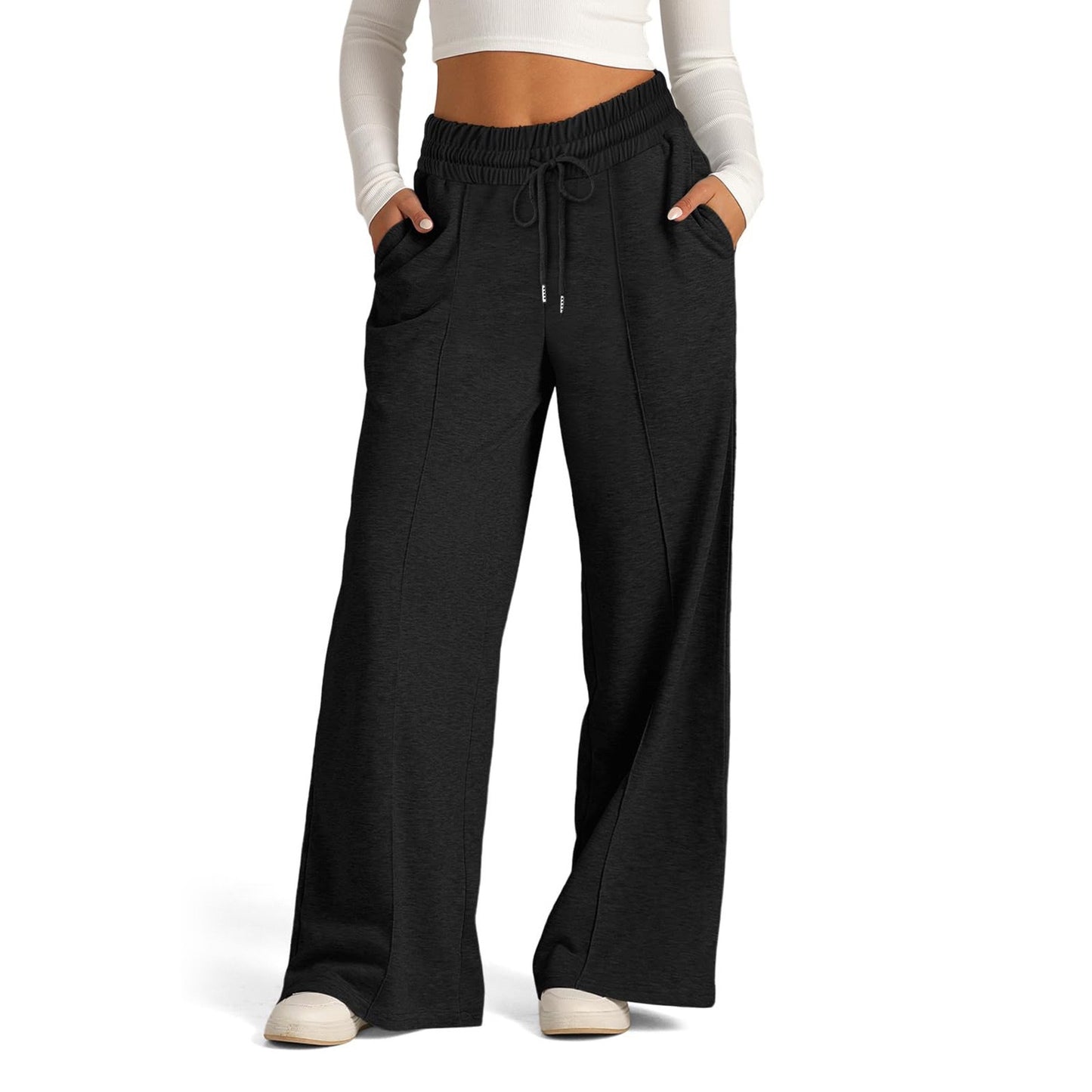 Fall Winter Ladies Tether Solid Color Waist Tight Wide Leg Casual Trousers