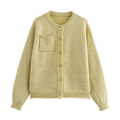 Fall Women Clothing Fashionable Simple Arabesquitic Fabric Dot Pocket round Neck Long Sleeve Knitted Cardigan