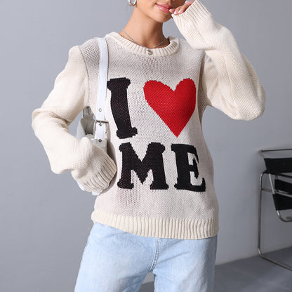 Casual Love Sweater Loose Lazy round Neck Jacquard Knitted Top Pullover Long Sleeve Sweater