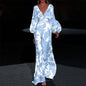 Women Clothing Dress Slim Fit Lantern Sleeve Printed V neck Maxi Dress