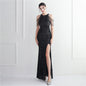 Heavy Industry Micro Glass Bead Craft Beaded Cocktail Evening Dress Elegant Long Halter Split Sequ