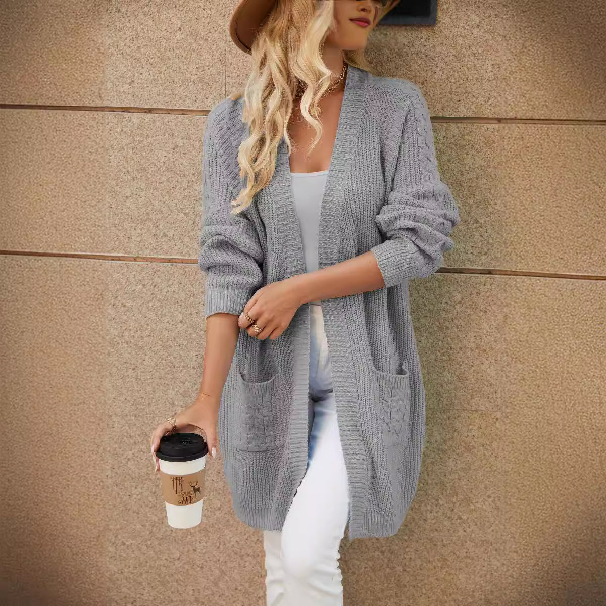 Long Knitted Cardigan Women Autumn Winter Knitted Loose Patchwork Pocket V-neck Sweater Sweater Coat