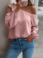Spring Summer Solid Color Casual Loose One Shoulder Tied Long Sleeves Top