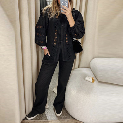 Casual Office Autumn Horizontal Embroidered Sleeve Top Straight Leg Trousers Women Two Piece Set