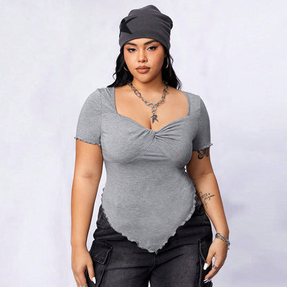 plus Size Women Clothes Square Collar Slimming Slimming Irregular Asymmetric Knitting Short Sleeve T shirt Top