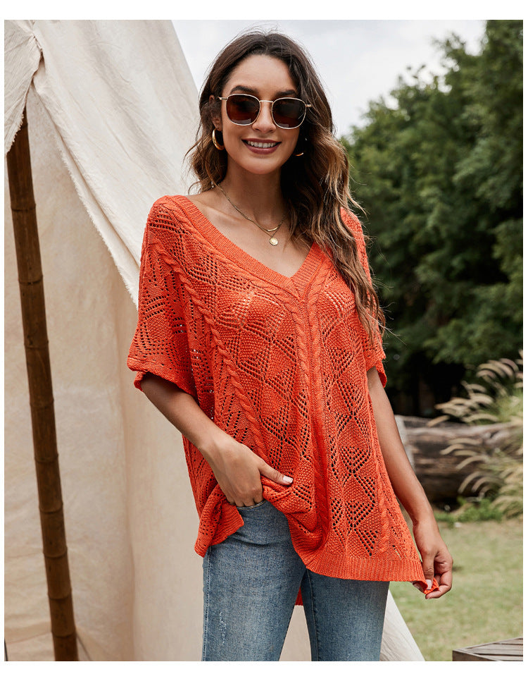 Summer Batwing Sleeve Loose Knitted Blouse Solid Color V Neck Hollow Out Cutout Short Sleeve Knitted Shawl