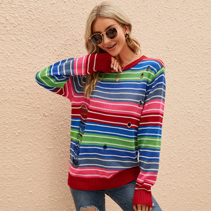 Autumn Winter Color Sweater Long Sleeve round Neck Striped Sweater Loose Casual Contrast Color Ripped Sweater