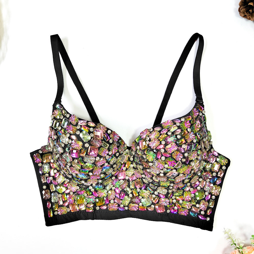 Adjustable Shapewear Beaded Colorful Crystals Tube Top Short Type Polygon Rhinestone Boning Corset Bra Outer Wear Vest