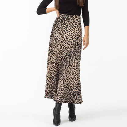 Satin Skirt Sexy Leopard Print Maxi Skirt High Waist Elastic Silky Maxi Skirt