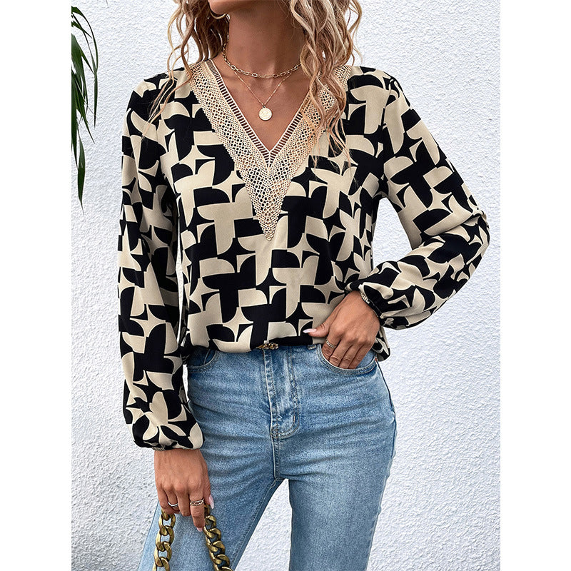 V neck Printed Shirt Long Sleeve Drawstring Sleeve Shirt