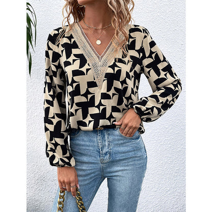 V neck Printed Shirt Long Sleeve Drawstring Sleeve Shirt