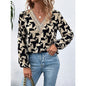 V neck Printed Shirt Long Sleeve Drawstring Sleeve Shirt