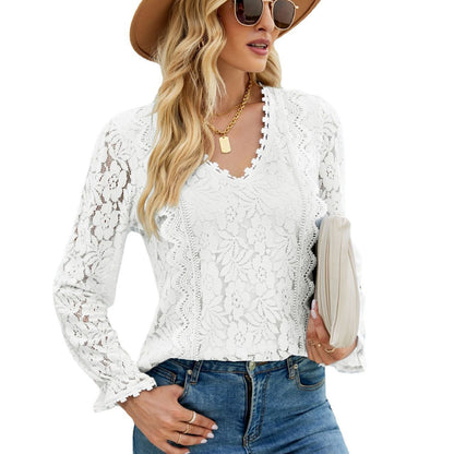 Autumn Winter Women Solid Color Hollow Out Lace Sexy Long-Sleeved Lace Top Women