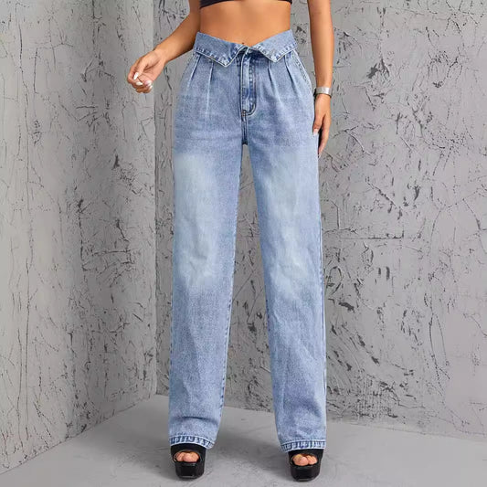 Women Clothing Straight Loose High Waist Denim Trousers