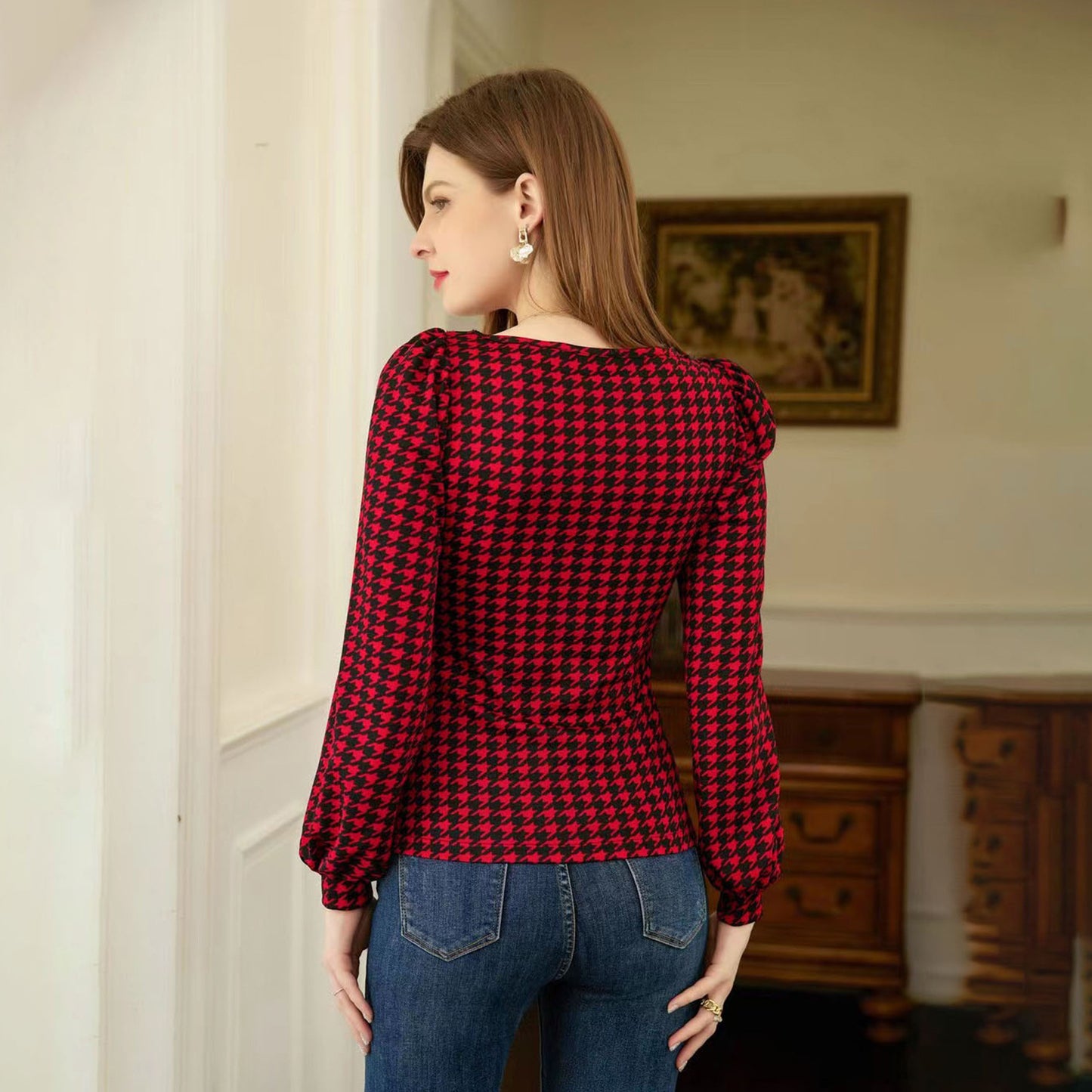 Autumn Winter Slim Fit Slimming Houndstooth Top Women