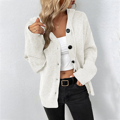 Solid Color Hooded Single-Breasted Sweater Women Autumn Winter Drawstring Knitted Cardigan Coat Women