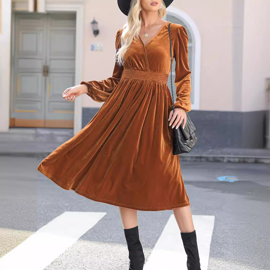 Autumn Winter Solid Color Long Sleeve Dress Women Office V neck Pleated High Waist Slimming Maxi Dress