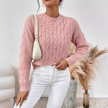 Autumn Winter Solid Color Knitted Top Women Clothing Twist Thread round Neck Long Sleeve Sweater for Women