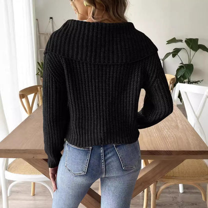 Women Short Top Crocheted Slicing Sweater Women Clothing Autumn Winter Large Collared Pullover Sweater