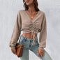 Women Clothing Trendy V Neck T Shirt Autumn Winter Lantern Sleeve Slim Fit Short Cropped Top