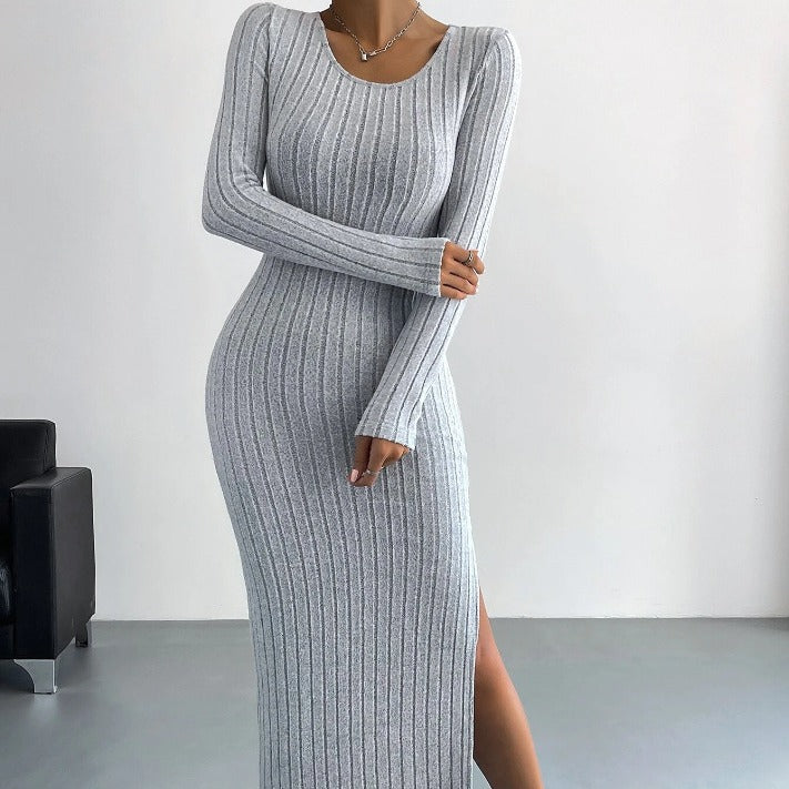 Autumn Winter Long Sleeve Crew Neck Split Knitted Maxi Dress Women