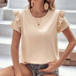 Women Clothing Casual Pullover Ruffle Sleeve Stitching Short Sleeve Crew Neck T shirt Top Women