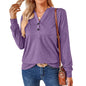 Autumn Winter Solid Color V-neck Button Loose Long-Sleeved T-shirt Top Ladies