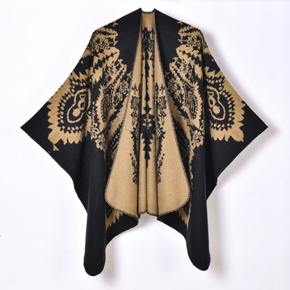 Women Warm Shawl Coat Vintage Totem Jacquard Thickened Split Cloak