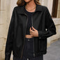 Casual Short Long Sleeve Zipper Faux Leather Motorcycle Leather Coat Polo Collar Jacket Coat Top