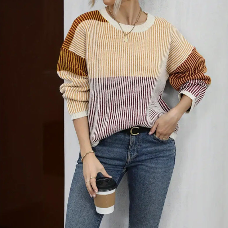 Autumn Winter Knitwear Women Round Neck Striped Loose Top Sweater for Women